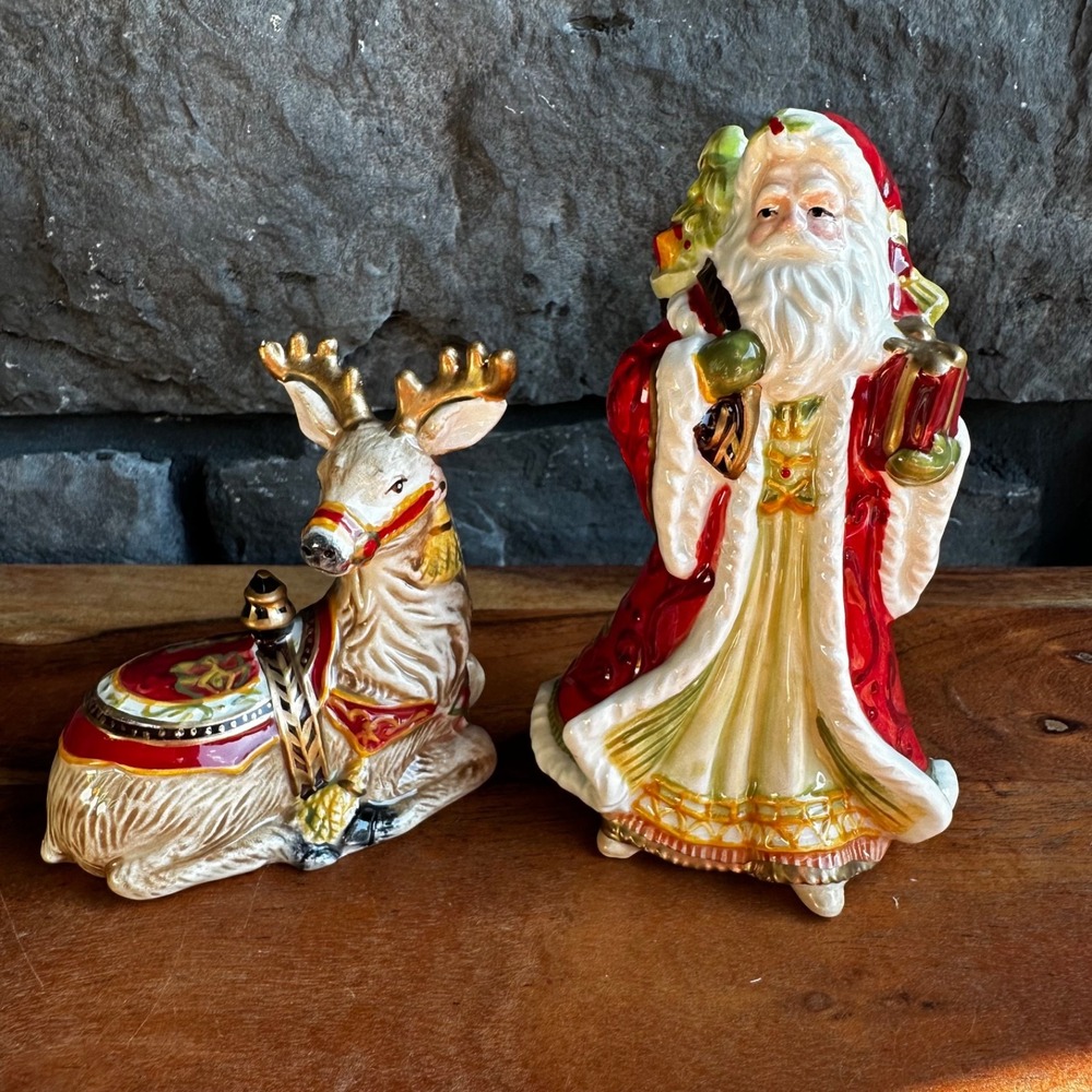 Fitz and Floyd Damask Holiday Salt Pepper Shakers Christmas Santa Reindeer BNIB